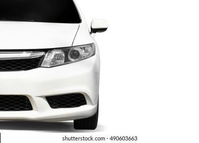 Close up front of white car in street on white background
