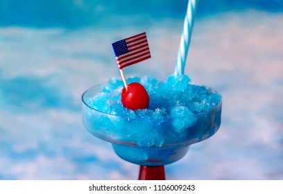 Close Up Of A Frozen Blue Hawaiian Drink Made With Coconut Cream, Blue Curacao, Pineapple Juice And Rum 