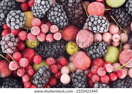 Close up of frozen mixed berries - red currant, white currant, blackberry,  gooseberry and black currant.