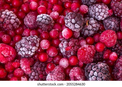 Close Up Of Frozen Mixed Fruit - Berries - Red Currant, Raspberry, Blackberry, Bilberry, Blueberry, Black Currant