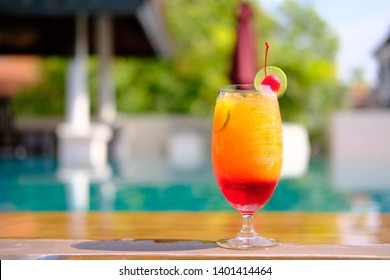 Close Up Fruit Punch Mocktail At Poolside Bar
