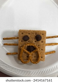 Close up of a fun and creative snack for kids that looks like a lion face made with a graham cracker and pretzel and chocolate chips 