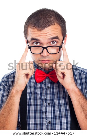 Close up of funny geek man, isolated on white background.