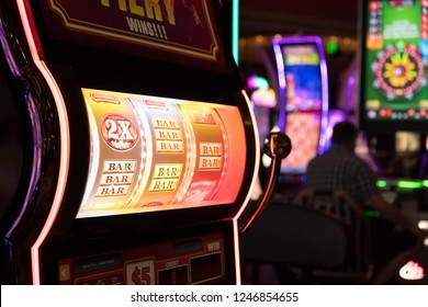 Close Up Of Gaming Slot Machines In Casino