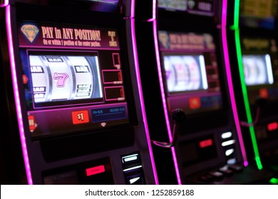 Close up of gaming slot machines in casino