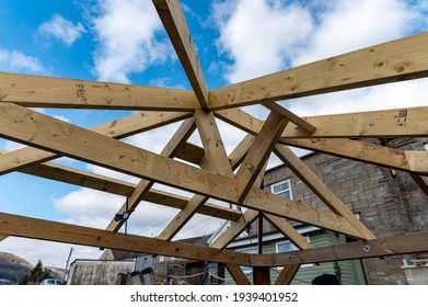 Close Up Of Gazebo Roof Construction In Progress At Home. Diy Concept.