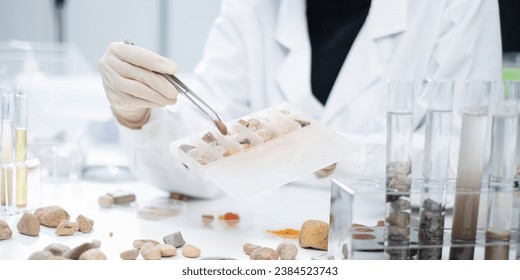 Close up of geologist or archaeologist is selecting and choosing sample of rock, stone or mineral in paleontology, archaeological and geological or mining laboratory. Concept of ground fossil research - Powered by Shutterstock