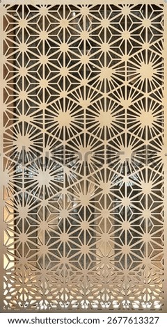 Close up of geometrical hexagon shape pattern carved from plywood. 3D cutout laser cut hexagonal shapes finished in warm bright wood tone. Seamless background texture.