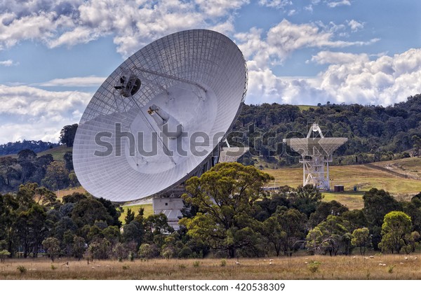 Close up of giant radio telescope antenna\
array of CSIRO - part of NASA space communication network in\
Tidbinbilla of ACT, Canberra, Australia.\

