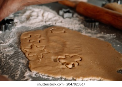 Close Up Ginger Cookie Dough. Making Gingerbread Man.