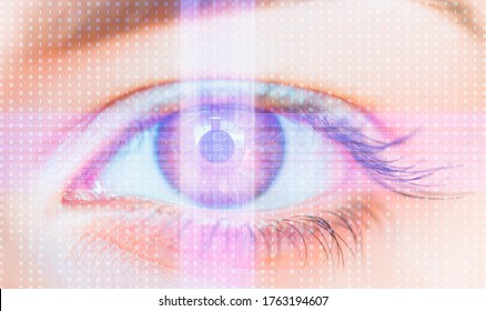 Close up of girl eye with binary code