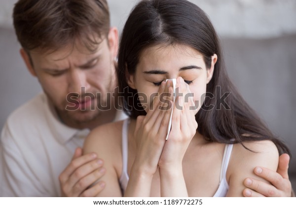 Close Girl Hold Handkerchief Crying Guy Stock Photo Edit Now