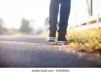 Close up of girl shoes walking - Shutterstock ID 514540561