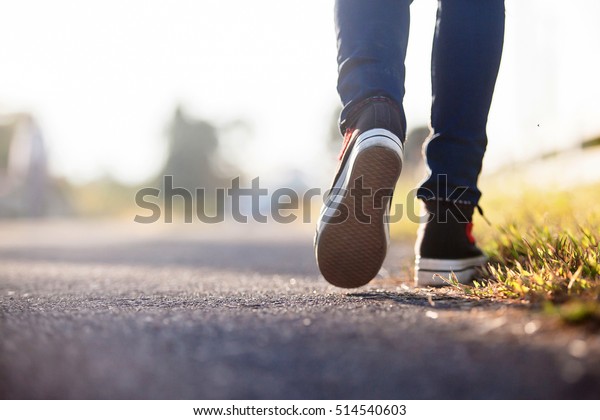 Close up of girl shoes walking