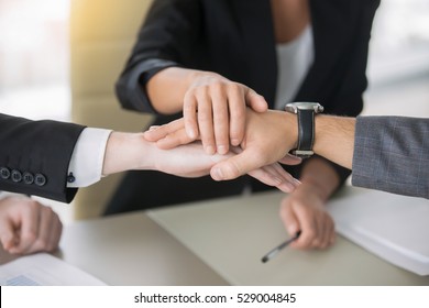 Close up of giving a high five, guarantee between potential partners, decide on marketing strategy for mutual business, profitable family business idea, running a business together. Teamwork concept - Shutterstock ID 529004845