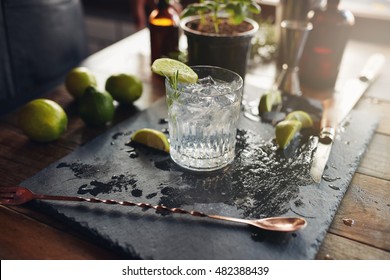 Close up of glass of a freshly prepared gin and tonic with lemon slices and spoon on the counter.