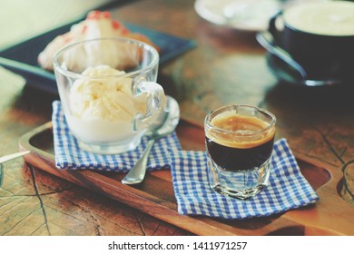 Close Up Glass Of Hot Espresso And Vanilla Ic Cream On Wooden Tray, Affogato Set On Table, Vintage Tone