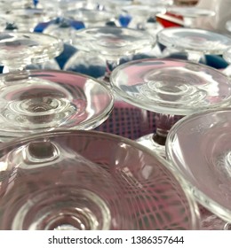 Close up of glasses on table.