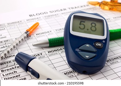 Close Up Glucometer, Diabetes Syringe, Pen And Medical Form On White Background