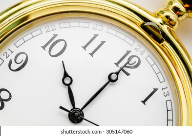 Close Up Gold Pocket Watch At Ten Oclock.