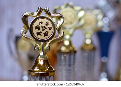 Close Up Of A Golden 1st Place Dog Show Goblet Trophy With Emblem With Different Dog Breeds On It With Blurry Trophies In The Background