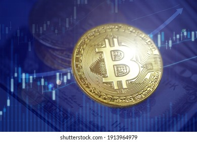 Close up golden Bitcoin (BTC) on banknote and stock chart with price rises. Cryptocurrency prices grow, high risk - high profits concept.