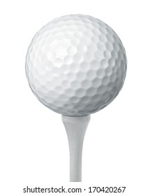 Close Up Of A Golf Ball On A Tee Isolated On White Background