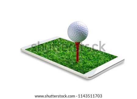 close up the golf ball on tee pegs in the smartphone isolated on white background, concept play game online. File contains a clipping path.