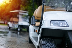 Close Up Of Golf Carts On A Rainy Day 