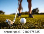 Close up of golfer preparing for the first hit on the course.