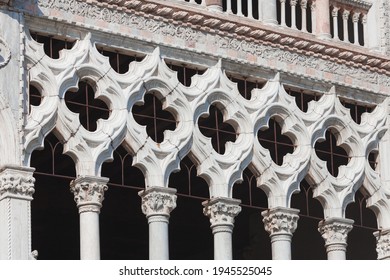 Close Up Of Gothic Architecture In Venice With Traditional Trefoil Stone Arches And Quatrefoil Windows. Facade Of Ca D Oro Palace On Grand Canal.