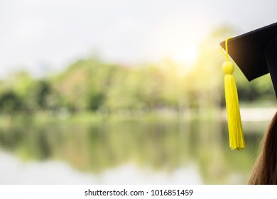 Close Up Graduation Cap On Student With Copy Space,Education Success Concept,Selective Focus