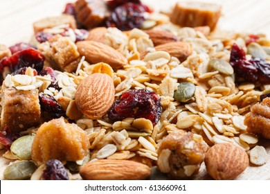 Close up granola or muesli on wooden table, dehydrated fruit mix, healthy food, almond, sun dried cultivated banana, cranberry, cashew nut, pumpkin, melon seed - Powered by Shutterstock