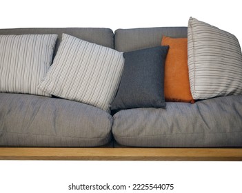 Close up gray fabric couch Sofa with colorful backrest pillows, comfortable, cozy, homy style, isolated, cutout, clipping path