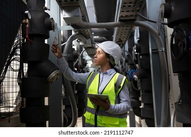 Close Up Great Woman In Manufacturing, Female System Engineer With Safety PPE Walk Check At Site Line , Career Occupation Concept  