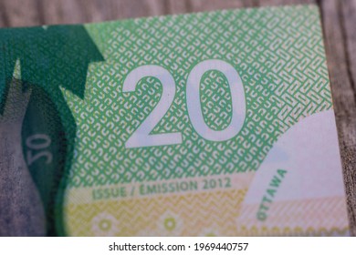 Close Up Of Green Canadian Twenty (20) Dollar Bill Corner. Macrophotography.