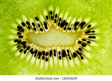 Close Up Of Green Kiwi Fruit Center. Macro Photography.