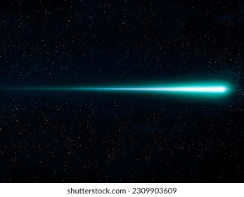Close up of a green meteor in the night sky. Shooting star isolated. Glowing trail of a meteorite.
