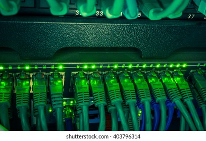  Close Up Of Green Network Internet Cables, Patch Cords Connected To Black Switch Router In Data Center Glowing In The Dark 