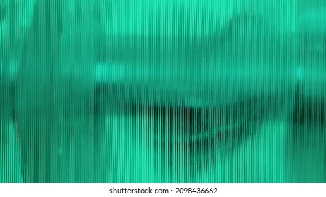 close up green polycarbonate sheet wall with lighting for interior partition. turquoise frosty glass polycarbonate sheet texture. transparent material named corrugated glass surface.