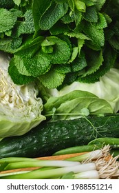 Close Up Green Vegetables, Dark Leafy Food Background. Healthy Eating Concept Of Fresh Garden Produce Organically Grown.