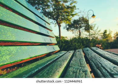 close up of green wooden bench in urban park during sunset time