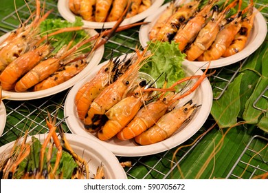 Close Up Grilled Prawns In Seafood Festival