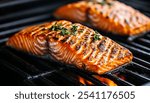 Close up of a grilled salmon fillet on a grill, cooked to perfection. The salmon is juicy, flavorful, and perfect for a summer cookout. For your background business, poster, wallpaper, banner