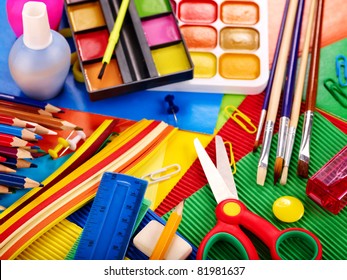 Close Up Of Group Art School Supplies.