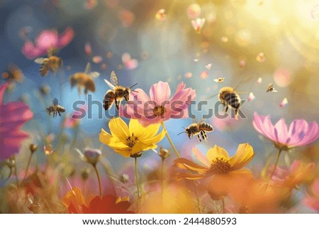 Close up group of bees on a flower
