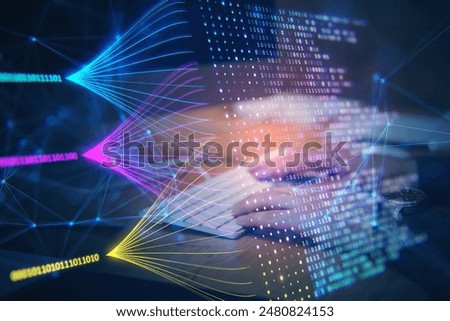 Close up of guy hands using keyboard with creative big data lines on dark background. Technology and innovation concept. Double exposure