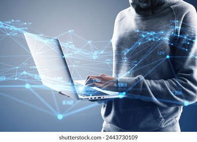 Close up of hacker hands using laptop with creative glowing polygonal interface on blurry background. Technology, hacking, malware, innovation and network concept