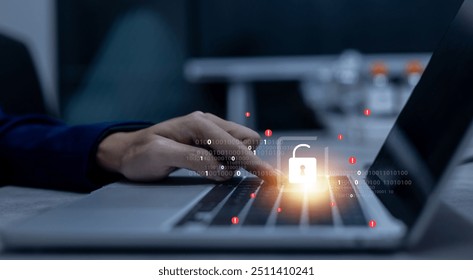 close up hacker man hand type password to unlock system after hacking with binary code in private dark operation room for digital information and leakage GDPR data concept