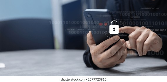 close up hacker man hand type password to unlock system after hacking with binary code in private dark operation room for digital information and leakage GDPR data concept